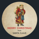 Vintage Christmas Old World Santa Claus Classic Round Sticker<br><div class="desc">Merry Christmas stickers with a vintage Old World Christmas Santa Claus. Classic old world santa, wearing his famous red coat and carrying a bag full of toys. This old-fashioned Santa, is slim and holds a walking stick for travelling throughout the land gifting toys to all the girls and boys. Old...</div>