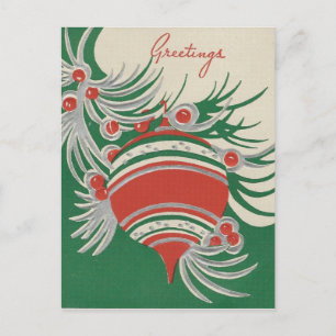 Vintage Christmas Ornament Green, Red & Silver Holiday Postcard