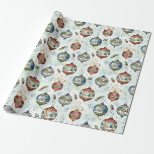 Vintage Christmas Ornaments and Holly Berry Wrapping Paper
