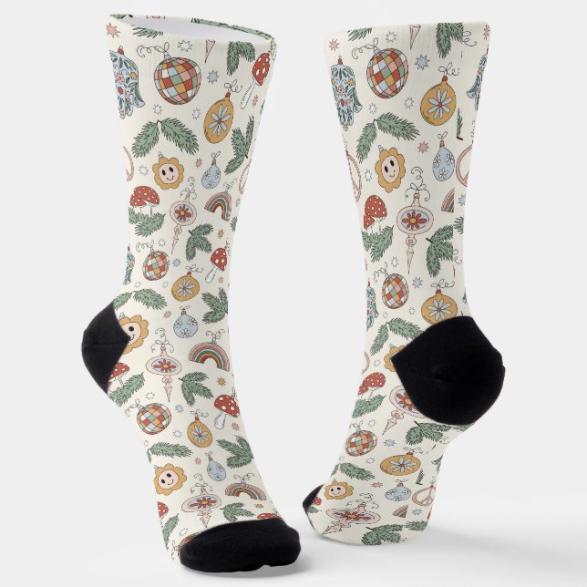 Vintage Christmas Ornaments and Peace Signs Socks (Angled)