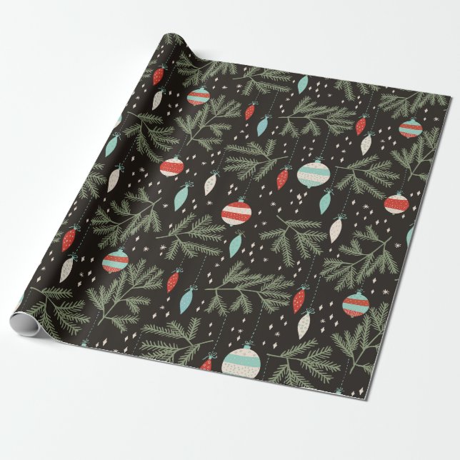 Vintage Christmas Ornaments Black Patterned Wrapping Paper (Unrolled)
