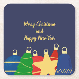 Vintage Christmas ornaments Dark blue Square Paper Coaster