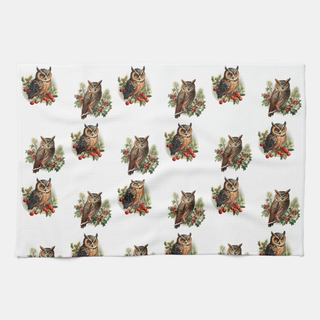 Vintage Christmas Owl Kitchen Towel (Horizontal)