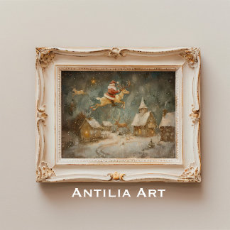  Vintage Christmas Painting Santa Claus & Reindeer Poster