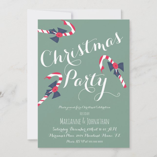 Vintage Christmas Party Script Candy Cane  Invitation (Front)