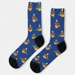 Vintage Christmas Pattern, Candles and Holly Socks