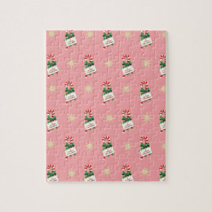 Vintage Christmas Pattern, Candy Canes with Pink Jigsaw Puzzle