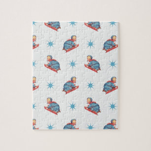 Vintage Christmas Pattern, Child Sledding in Snow Jigsaw Puzzle