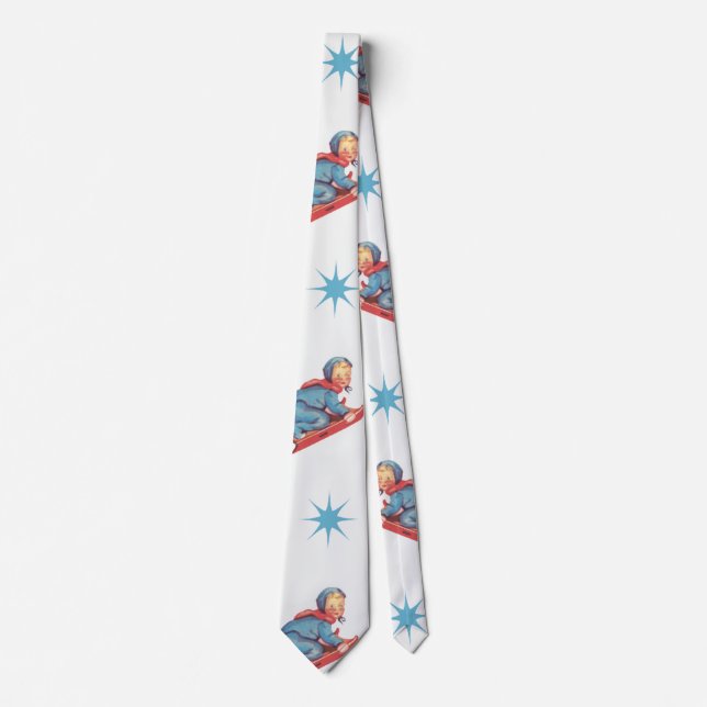 Vintage Christmas Pattern, Child Sledding in Snow Tie (Front)