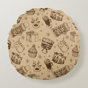 vintage christmas pattern hand drawn round pillow