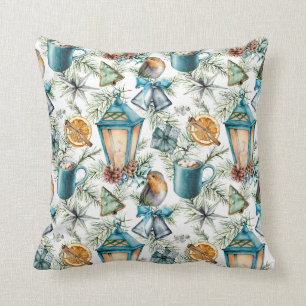 Vintage Christmas Pattern in Teal and Ivory Throw Pillow