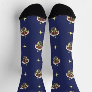 Vintage Christmas Pattern with a Lantern on Blue Socks
