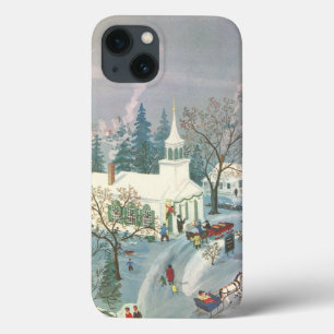 Vintage Christmas, People Going to Church in Snow iPhone 13 Case