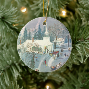 Vintage Christmas, People Going to Church in Snow Ceramic Ornament