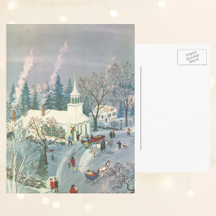 Vintage Christmas, People Going to Church in Snow Holiday Postcard