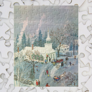 Vintage Christmas, People Going to Church in Snow Jigsaw Puzzle