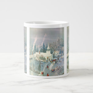 Vintage Christmas, People Going to Church in Snow Large Coffee Mug