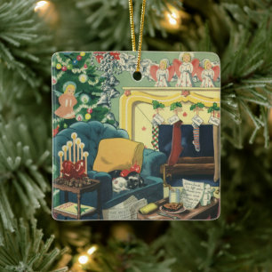 Vintage Christmas Pets in the Living Room Ceramic Ornament