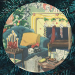 Vintage Christmas Pets in the Living Room Classic Round Sticker<br><div class="desc">Vintage illustration Merry Christmas holiday scene featuring an interior room of a house. A living room with a decorated Christmas tree, stockings hung by the fireplace, a snack and letter left for Santa Claus and the family pets (a kitten and a puppy dog) snuggle together asleep on the couch waiting...</div>