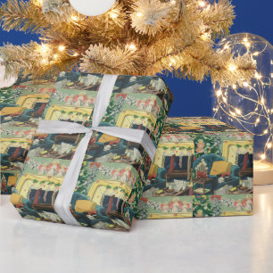 Vintage Christmas Pets in the Living Room Wrapping Paper