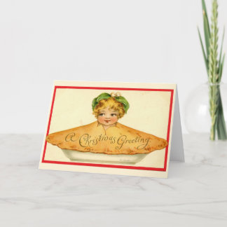 Vintage Christmas Pie Girl Red Border Greetings Holiday Card