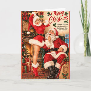 Vintage Christmas Pin-Up Girl & Santa Card