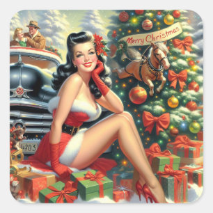 Vintage Christmas Pin up Square Sticker