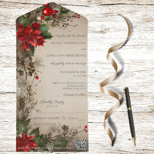 Vintage Christmas Pine & Poinsettia QR Code All In One Invitation