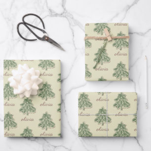 Vintage Christmas Pine Tree & Custom name Wrapping Paper Sheet