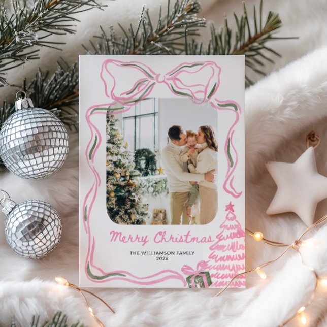 Vintage Christmas Pink Bow Family Photo Holiday Card (Pink Christmas Hand Drawn Family Photo Card)