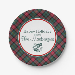 Vintage Christmas Plaid Pattern Personalized Paper Plate