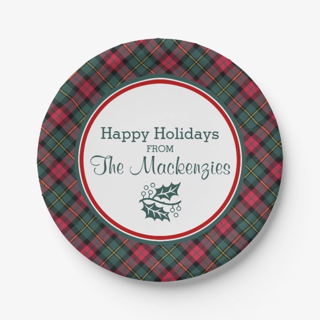 Vintage Christmas Plaid Pattern Personalized Paper Plate (Front)