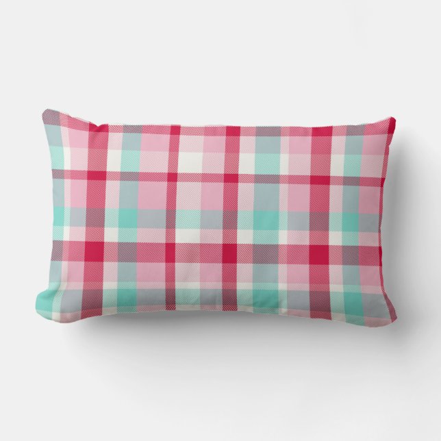 Vintage Christmas Plaid Pink and Green Lumbar Pillow (Front)