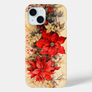 Vintage Christmas Poinsettia Flowers iPhone 15 Case