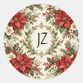 Vintage Christmas Poinsettia & Holly Classic Round Sticker