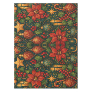 Vintage Christmas – Poinsettia, Holly & Gold Tablecloth