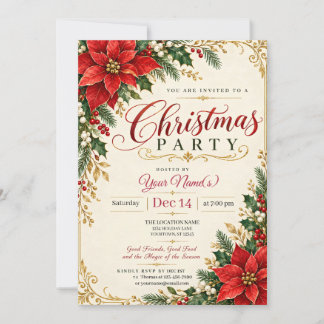 Vintage Christmas Poinsettia & Holly Invitation