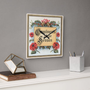 Vintage Christmas Poinsettias in an Ornate Frame Square Wall Clock