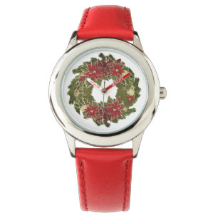 Vintage Christmas Poinsettias Wreath Holiday Watch