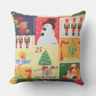 Vintage Christmas post stamps Throw Pillow