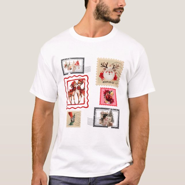 Vintage Christmas Postage Stamp Collage Design T-Shirt (Front)
