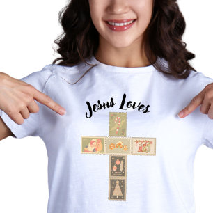 Vintage Christmas Postage Stamp Cross Tri-Blend Shirt