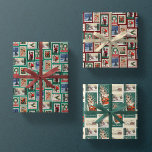 Vintage Christmas Postage Stamps Retro Trio Gift Wrapping Paper Sheet<br><div class="desc">set of three sheets of custom printed holiday gift wrap - two sheets are a collage of vintage christmas themed u.s,  postal stamps,  one with a deep cranberry red background,  and one with a winter green background. the third sheet is a collage of retro christmas postcards</div>