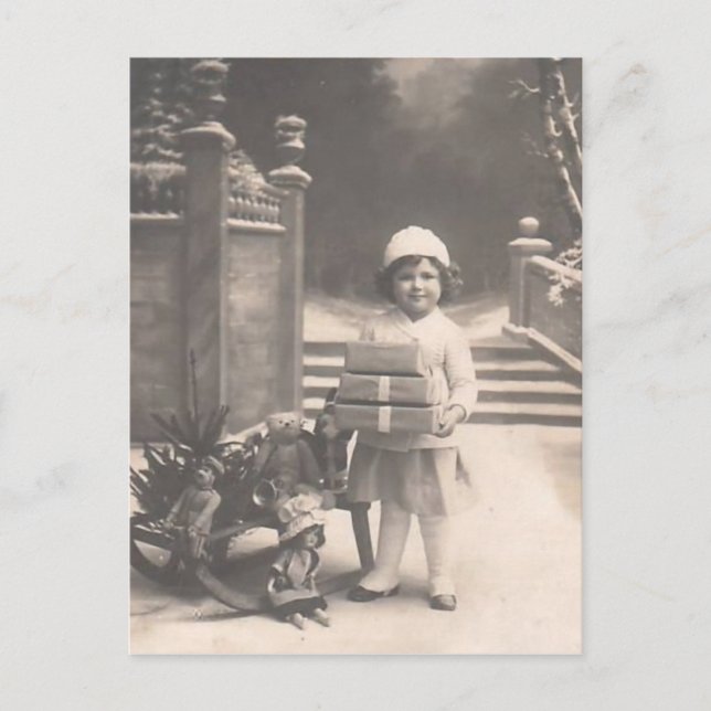 Vintage Christmas postcard-child with gifts Holiday Postcard (Front)