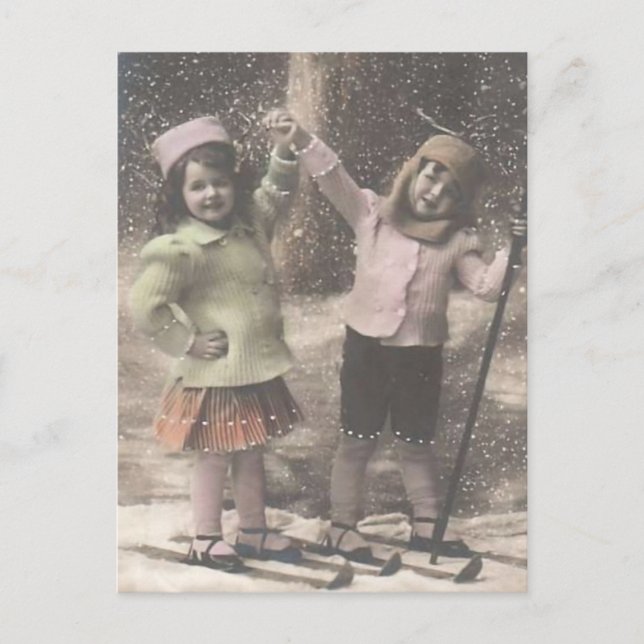 Vintage Christmas postcard-children on skis Holiday Postcard (Front)