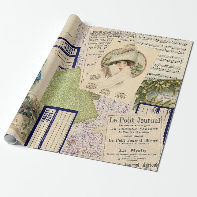 Vintage Christmas Postcard Collage Wrapping Paper (Unrolled)