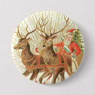 VIntage Christmas Postcard, Santa with Reindeer 3 Inch Round Button
