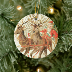 VIntage Christmas Postcard, Santa with Reindeer Ceramic Ornament