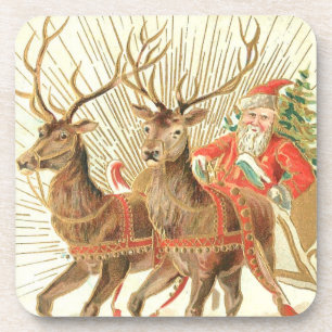 VIntage Christmas Postcard, Santa with Reindeer Coaster