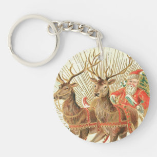 VIntage Christmas Postcard, Santa with Reindeer Keychain